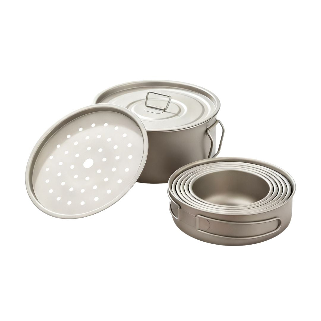 Titanium Cookware Set 9-Piece – Lightweight Folding Pot, Frying Pan, Lid &amp; Steamer